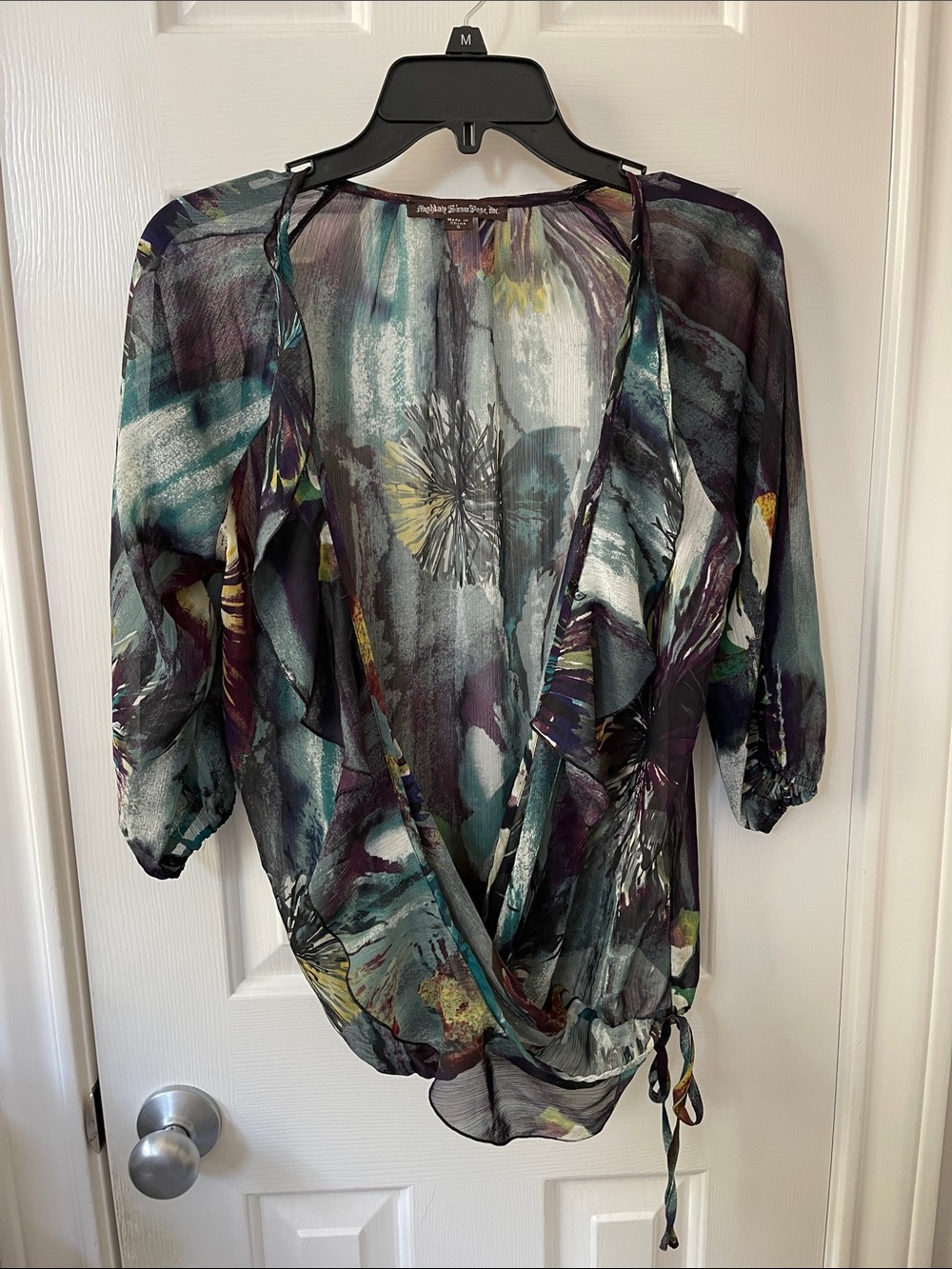 Mystree Printed Green Sheer Floral Faux Wrap Blouse